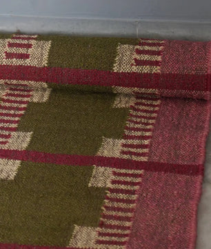 Handwoven Olive Green Wool Jute Kilim Rug | Modern Tribal Flatweave Area Rug with Geometric Grid Pattern for Living Room