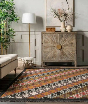 Handmade Multicolor Wool Jute Kilim Area Rug with Tassels | Tribal Diamond Geometric Flatweave Rug for Living Room & Bedroom