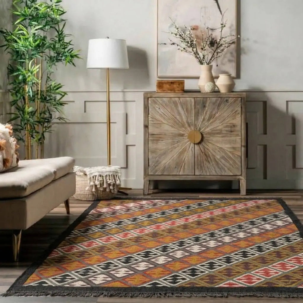 Handmade Multicolor Wool Jute Kilim Area Rug with Tassels | Tribal Diamond Geometric Flatweave Rug for Living Room & Bedroom