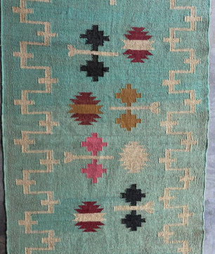 Handwoven Wool Jute Kilim Rug, Teal Tribal Area Rug, Handmade Flatweave Dhurrie Carpet, Boho Geometric Living Room Rug with Fringe
