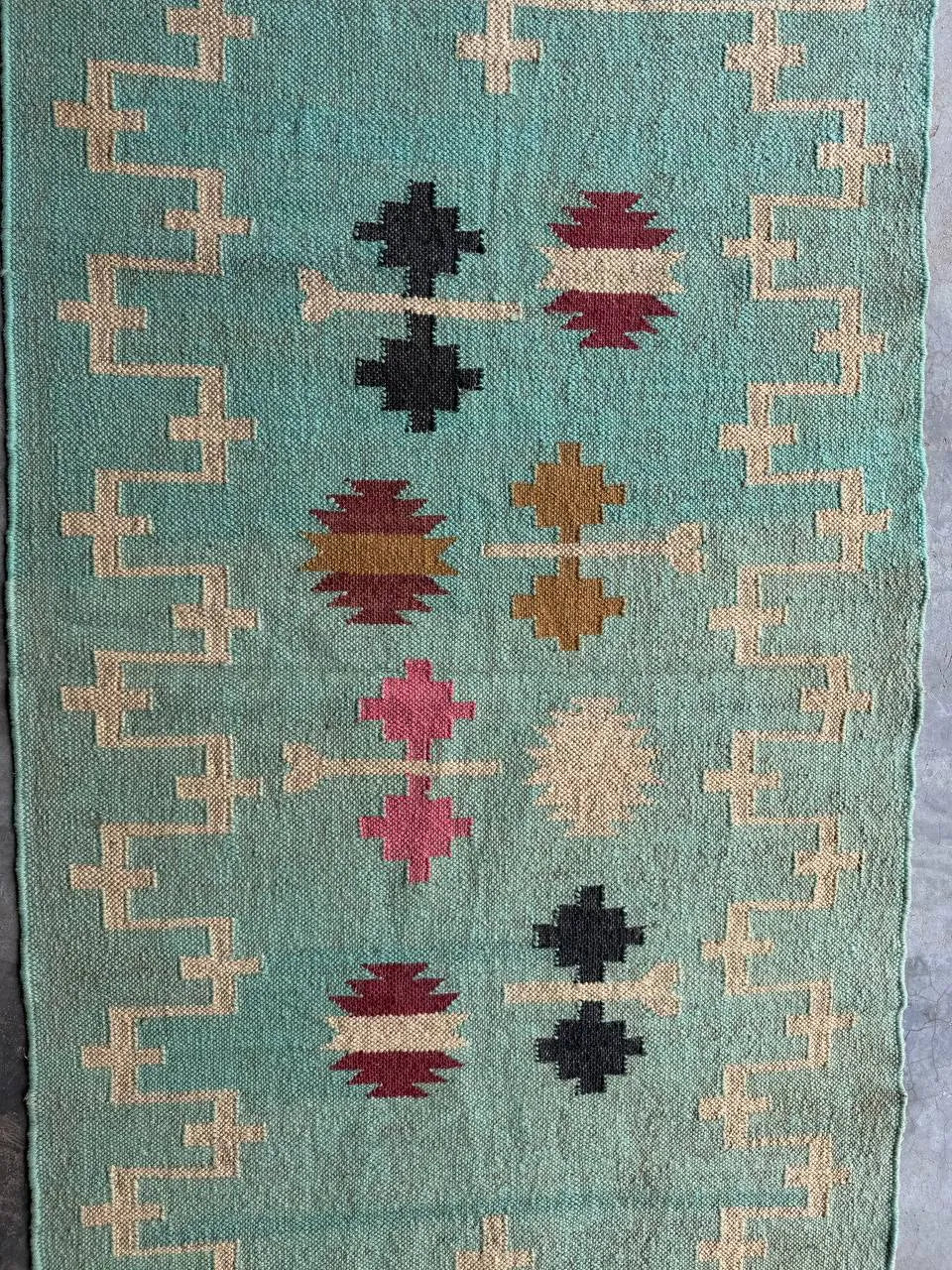 Handwoven Wool Jute Kilim Rug, Teal Tribal Area Rug, Handmade Flatweave Dhurrie Carpet, Boho Geometric Living Room Rug with Fringe