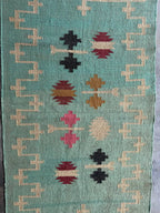 Handwoven Wool Jute Kilim Rug, Teal Tribal Area Rug, Handmade Flatweave Dhurrie Carpet, Boho Geometric Living Room Rug with Fringe
