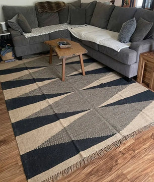 Handmade Modern Geometric Wool Jute Kilim Area Rug with Tassels | Black & Natural Ivory Flatweave Contemporary Rug