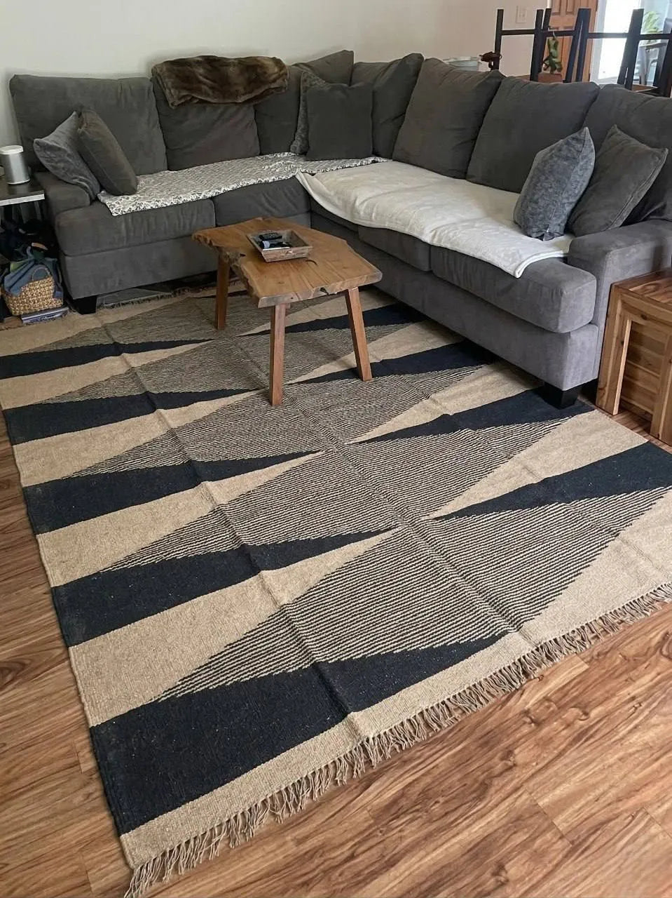 Handmade Modern Geometric Wool Jute Kilim Area Rug with Tassels | Black & Natural Ivory Flatweave Contemporary Rug