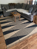 Handmade Modern Geometric Wool Jute Kilim Area Rug with Tassels | Black & Natural Ivory Flatweave Contemporary Rug