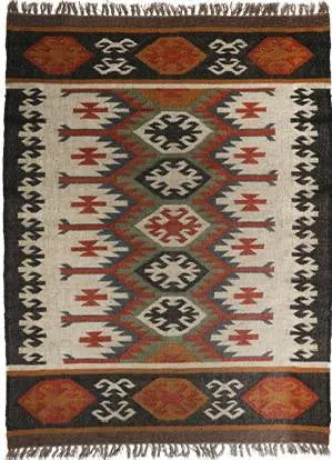 Southwestern Geometric Area Rug – Handmade Wool Jute Tribal Diamond Rug, Charcoal Terracotta Flatweave