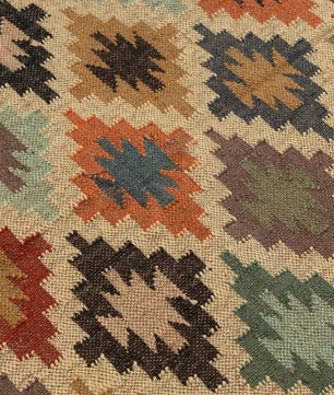 Handwoven Multicolor Wool Jute Kilim Area Rug – Bohemian Geometric Diamond Flatweave Tribal Dhurrie with Fringe