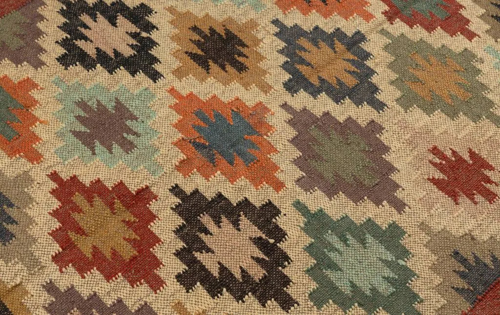 Handwoven Multicolor Wool Jute Kilim Area Rug – Bohemian Geometric Diamond Flatweave Tribal Dhurrie with Fringe