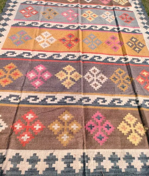 Handmade Multicolor Wool Jute Kilim Rug – Geometric Indian Dhurrie Area Rug