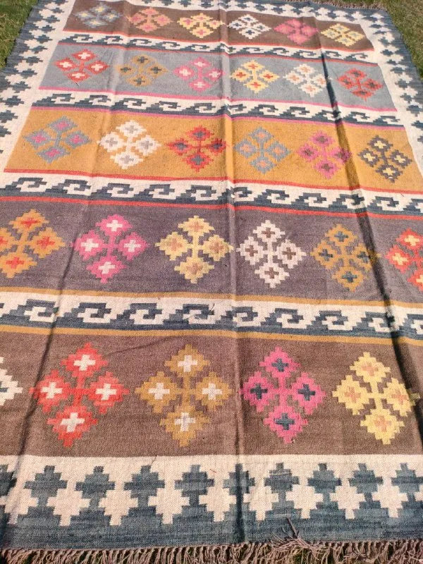 Handmade Multicolor Wool Jute Kilim Rug – Geometric Indian Dhurrie Area Rug