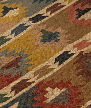 Handwoven Southwestern Wool Jute Kilim Area Rug – Tribal Geometric Flatweave Dhurrie Carpet for Living Room, Bedroom & Entryway