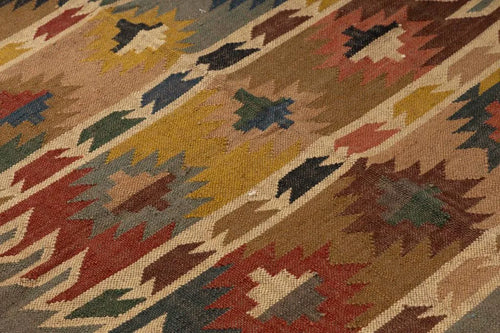 Handwoven Southwestern Wool Jute Kilim Area Rug – Tribal Geometric Flatweave Dhurrie Carpet for Living Room, Bedroom & Entryway