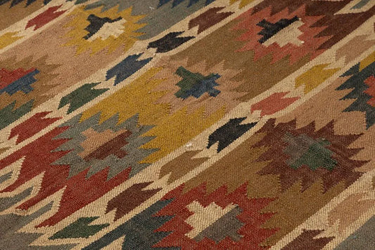 Handwoven Southwestern Wool Jute Kilim Area Rug – Tribal Geometric Flatweave Dhurrie Carpet for Living Room, Bedroom & Entryway