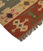 Handgeweefde Stamwol Jute Kilim Mat – Saliegroen Suidwes Platweefsel Dhurrie met Geometriese Rand & Vakmanskuifrante