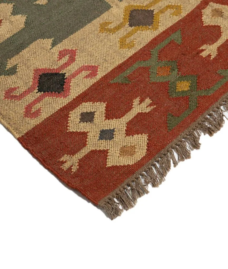 Handwoven Tribal Wool Jute Kilim Area Rug – Sage Green Southwestern Flatweave Dhurrie with Geometric Border & Artisan Fringe