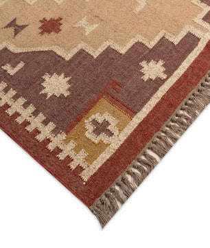 Handmade Southwestern Wool Jute Kilim Area Rug with Tassels | Tribal Geometric Flatweave Boho Rug for Living Room Bedroom
