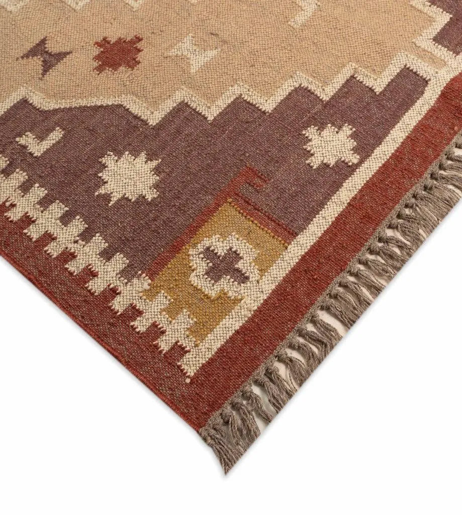 Handmade Southwestern Wool Jute Kilim Area Rug with Tassels | Tribal Geometric Flatweave Boho Rug for Living Room Bedroom