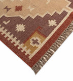 Handmade Southwestern Wool Jute Kilim Area Rug with Tassels | Tribal Geometric Flatweave Boho Rug for Living Room Bedroom