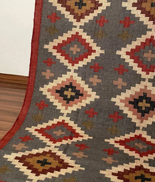 Handwoven Charcoal Wool Jute Kilim Area Rug – Geometric Diamond Reversible Flatweave Dhurrie for Living Room, Dining Room & Bedroom