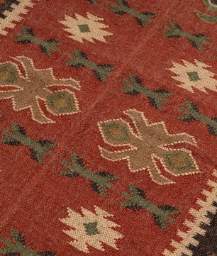 Handwoven Tribal Wool Jute Kilim Area Rug – Rust Red Southwestern Flatweave Dhurrie Carpet with Geometric Border
