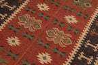 Handgeweefde Stamwol Jute Kilim Oppervlakterug – Roesrooi Suidwestelike Platweef Dhurrie Mat met Geometriese Soom