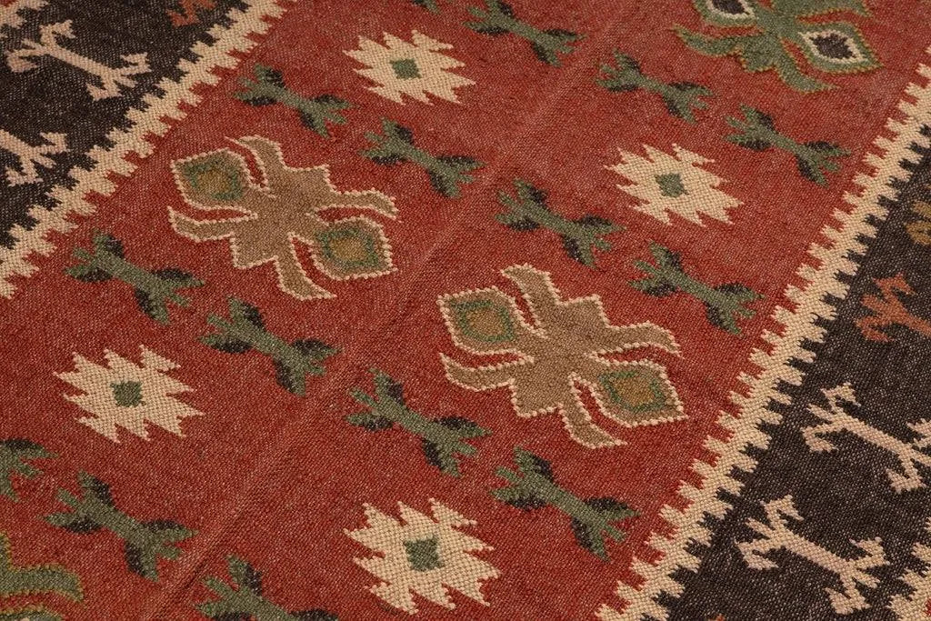Handwoven Tribal Wool Jute Kilim Area Rug – Rust Red Southwestern Flatweave Dhurrie Carpet with Geometric Border