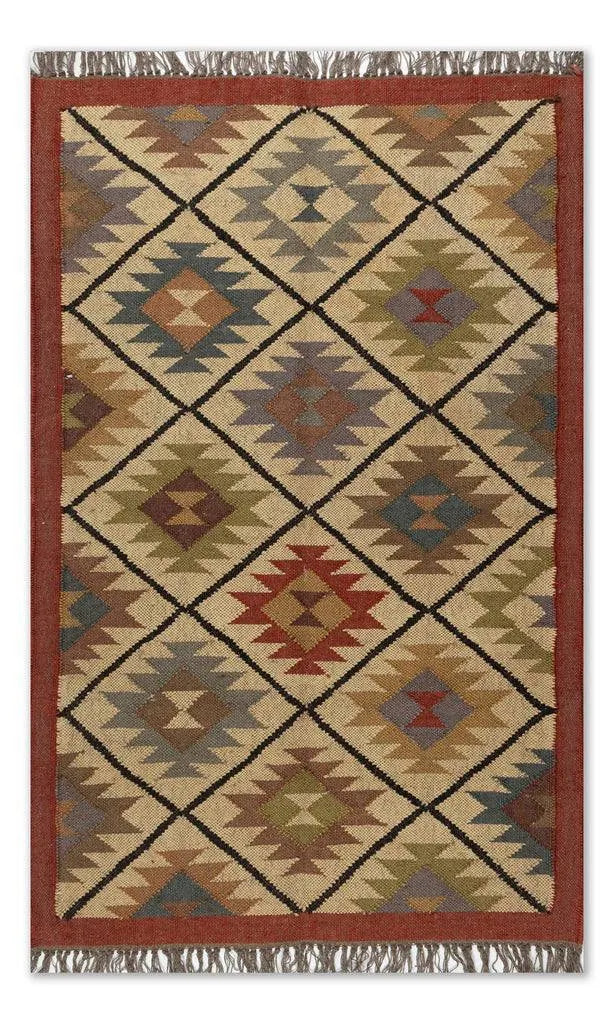 Southwestern Geometric Area Rug – Handwoven Wool Jute Tribal Diamond Rug in Terracotta & Beige