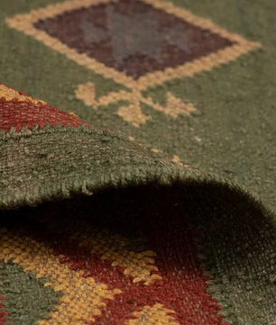 Handwoven Green Wool Jute Kilim Area Rug – Traditional Tribal Diamond Geometric Flatweave Dhurrie, Reversible Boho Southwestern Rug for Living Room & Bedroom