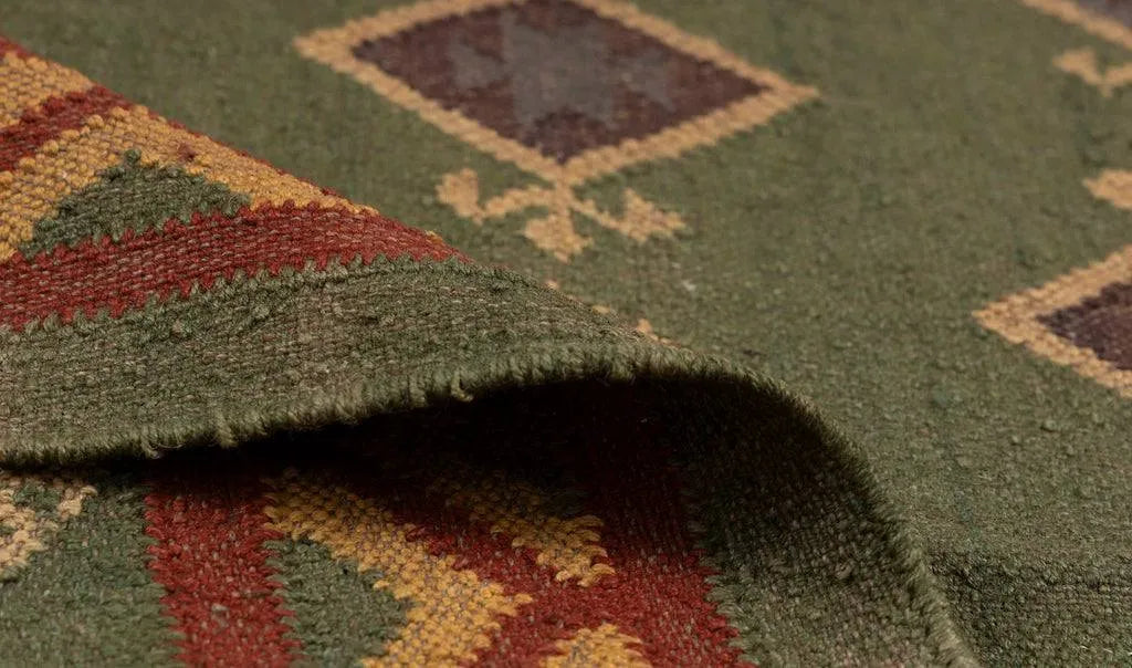 Handwoven Green Wool Jute Kilim Area Rug – Traditional Tribal Diamond Geometric Flatweave Dhurrie, Reversible Boho Southwestern Rug for Living Room & Bedroom