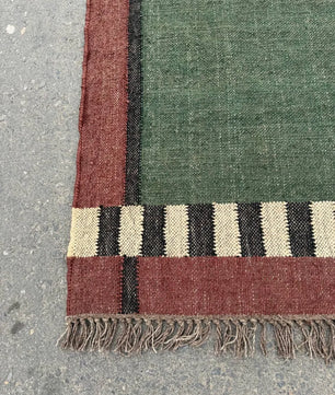 Handwoven Olive Green Wool Jute Kilim Rug, Handmade Flatweave Area Rug, Rustic Boho Dhurrie Carpet, Minimalist Natural Fiber Rug with Fringe