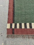 Handwoven Olive Green Wool Jute Kilim Rug, Handmade Flatweave Area Rug, Rustic Boho Dhurrie Carpet, Minimalist Natural Fiber Rug with Fringe