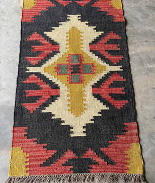 Handwoven Black Southwestern Wool Jute Kilim Rug, Navajo Tribal Flatweave Area Rug, Boho Rustic Handmade Dhurrie Carpet with Fringe