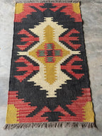 Handwoven Black Southwestern Wool Jute Kilim Rug, Navajo Tribal Flatweave Area Rug, Boho Rustic Handmade Dhurrie Carpet with Fringe