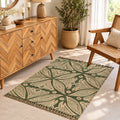 Garden Leaf Kilim Dhurrie – Olive Wool Jute Flatweave Rug with Fringe