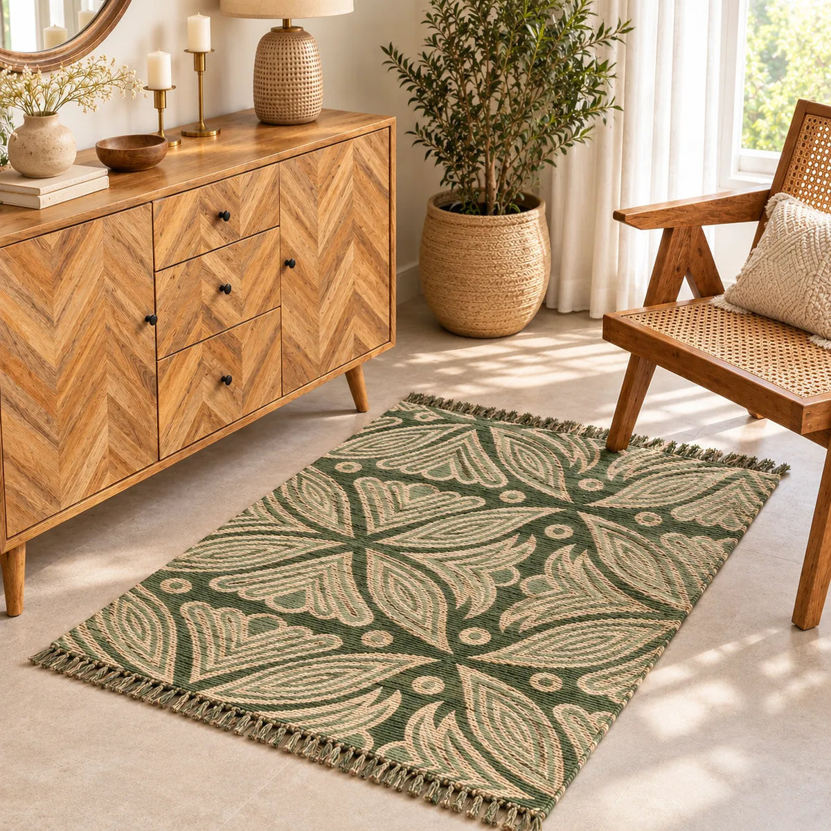 Garden Leaf Kilim Dhurrie – Olive Wool Jute Flatweave Rug with Fringe