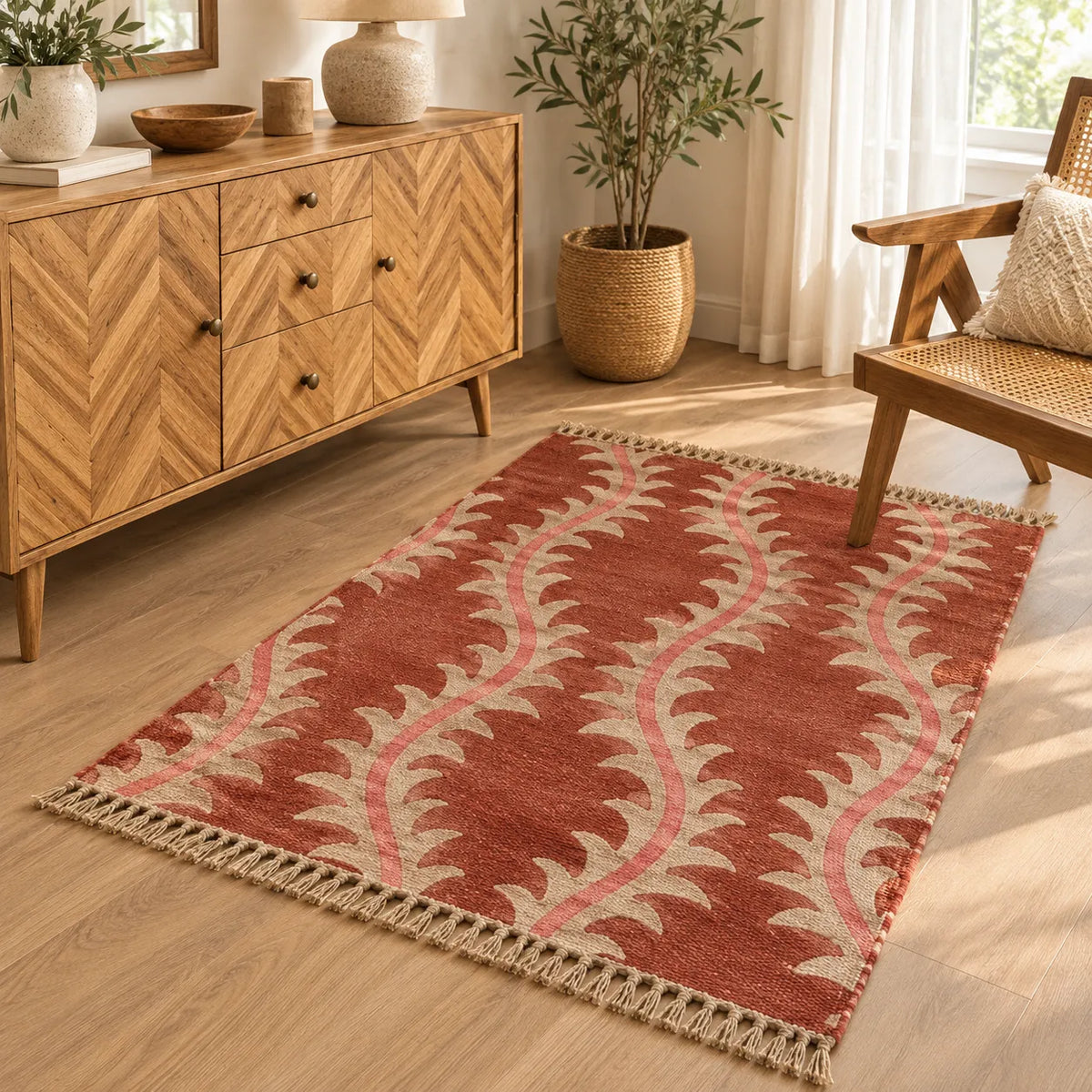 Rust Wavy Leaf Kilim Dhurrie – Artisan-Woven Wool Jute Area Rug