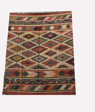 Handmade Wool Jute Kilim Rug – Multicolor Geometric Indian Dhurrie Area Rug