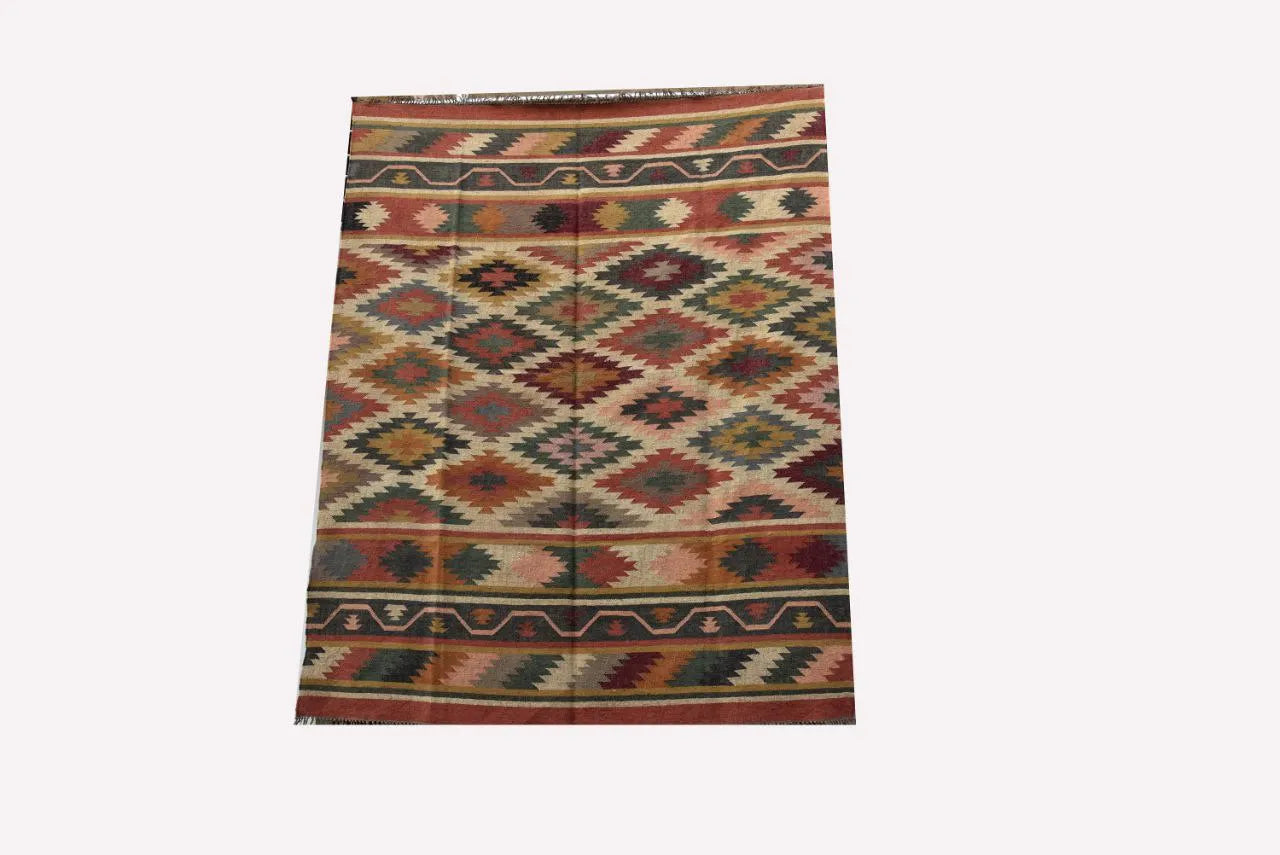 Handmade Multicolor Wool Jute Kilim Rug – Geometric Flatweave Area Rug