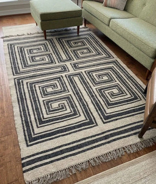 Handmade Modern Geometric Wool Jute Kilim Area Rug with Tassels | Black & Ivory Flatweave Maze Pattern Rug for Living Room