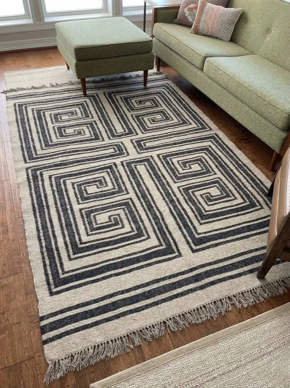 Handmade Modern Geometric Wool Jute Kilim Area Rug with Tassels | Black & Ivory Flatweave Maze Pattern Rug for Living Room