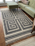 Handmade Modern Geometric Wool Jute Kilim Area Rug with Tassels | Black & Ivory Flatweave Maze Pattern Rug for Living Room