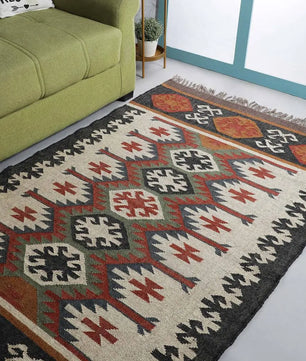 Southwestern Geometric Area Rug – Handmade Wool Jute Tribal Diamond Rug, Charcoal Terracotta Flatweave