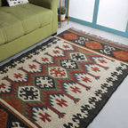Southwestern Geometric Area Rug – Handmade Wool Jute Tribal Diamond Rug, Charcoal Terracotta Flatweave