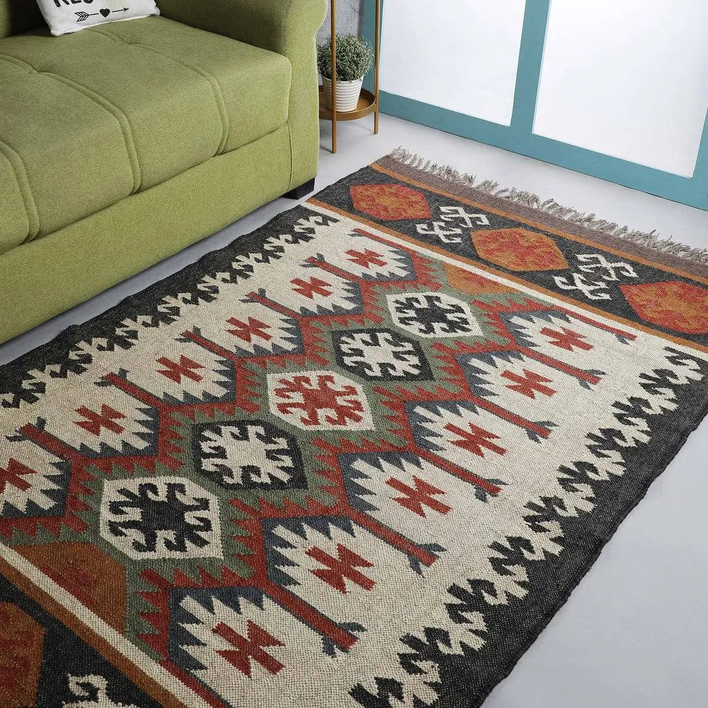 Southwestern Geometric Area Rug – Handmade Wool Jute Tribal Diamond Rug, Charcoal Terracotta Flatweave
