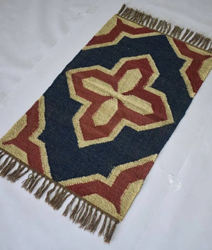 Handwoven Wool Jute Kilim Area Rug – Navy Blue & Rust Southwestern Geometric Flatweave Rug with Fringe for Living Room