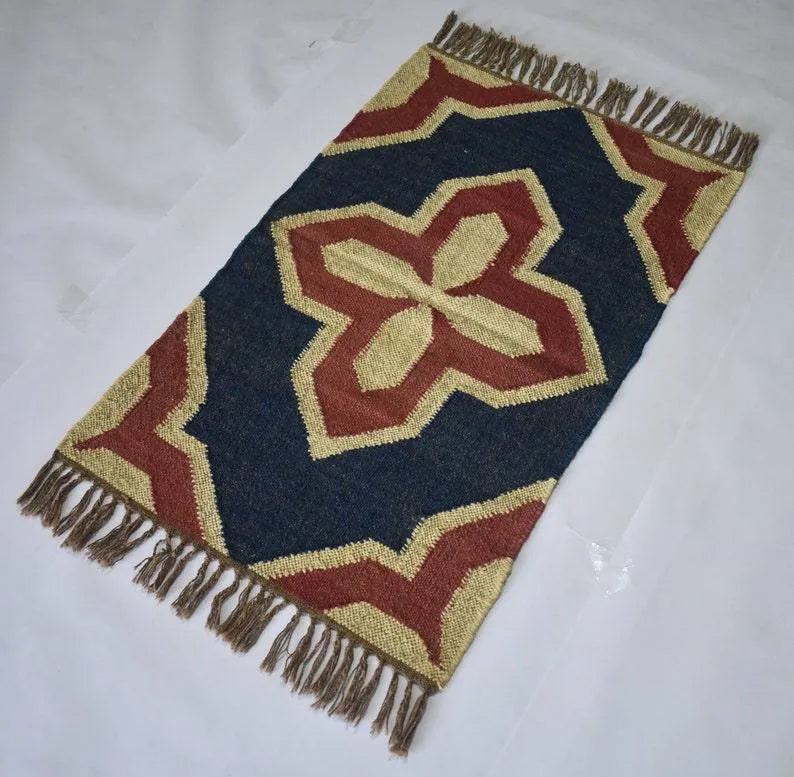 Handwoven Wool Jute Kilim Area Rug – Navy Blue & Rust Southwestern Geometric Flatweave Rug with Fringe for Living Room