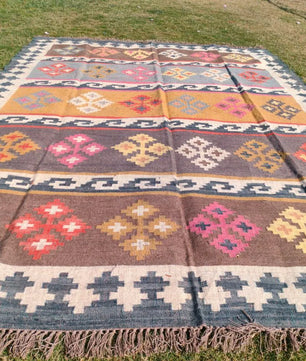 Handmade Multicolor Wool Jute Kilim Rug – Geometric Indian Dhurrie Area Rug