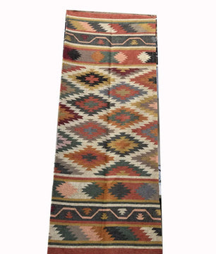 Handmade Wool Jute Kilim Rug – Multicolor Geometric Indian Dhurrie Area Rug