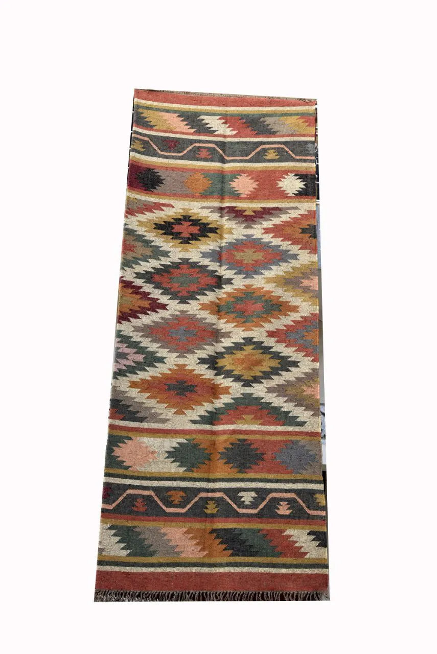 Handmade Multicolor Wool Jute Kilim Rug – Geometric Flatweave Area Rug