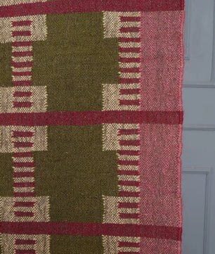 Handwoven Olive Green Wool Jute Kilim Rug | Modern Tribal Flatweave Area Rug with Geometric Grid Pattern for Living Room